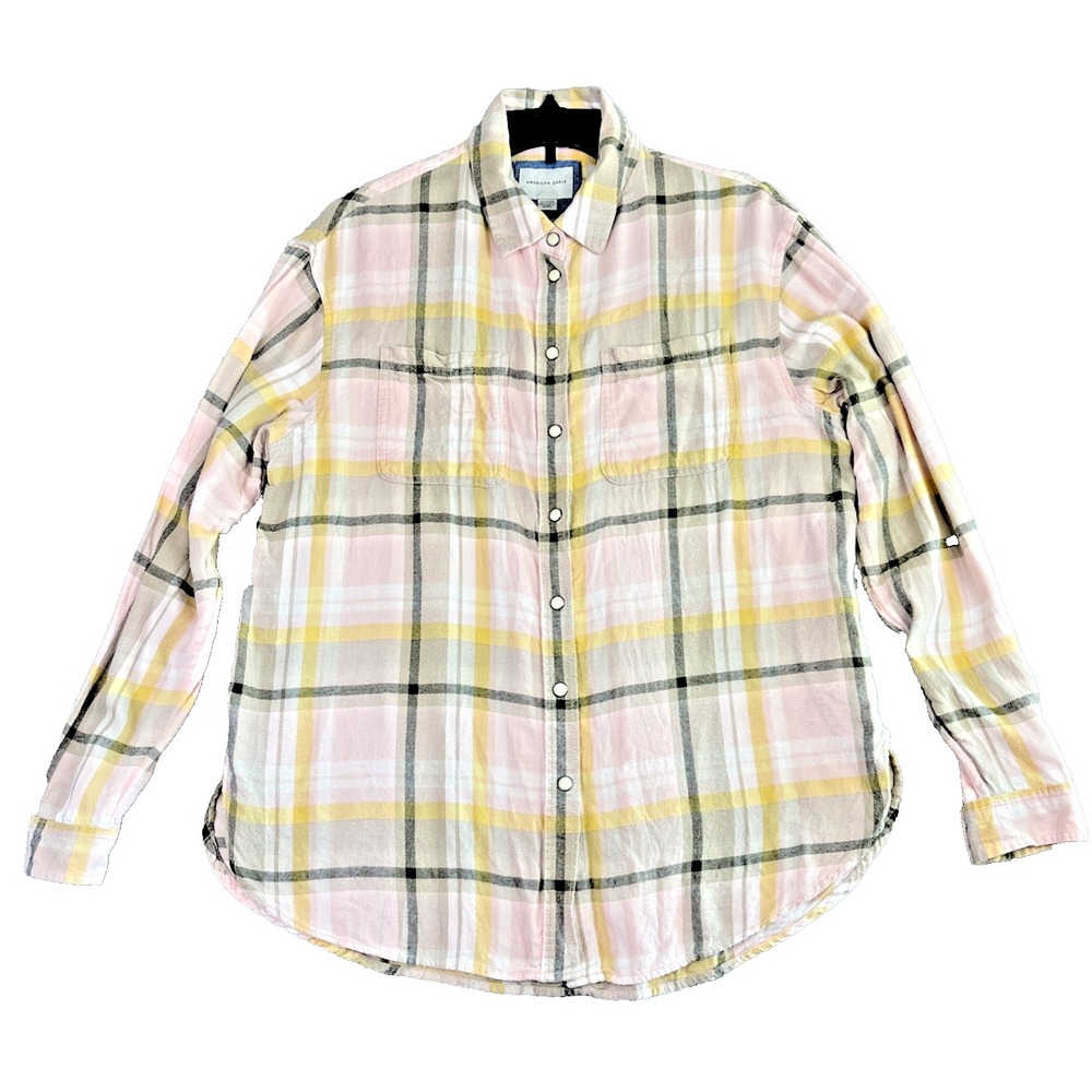 American Eagle Shirt Women's XS Boyfriend Fit Pink Gray Plaid Flannel Western